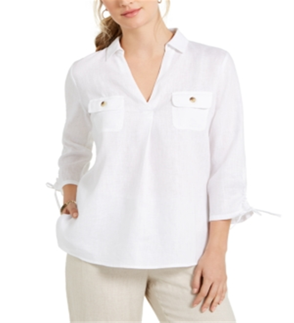 Charter Club Women's Woven Drawstring Tie-Cuff Top White Size Large