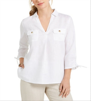 Charter Club Women's Woven Drawstring Tie-Cuff Top White Size Large