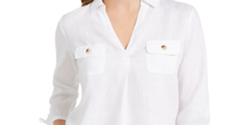 Charter Club Women's Woven Drawstring Tie-Cuff Top White Size Large