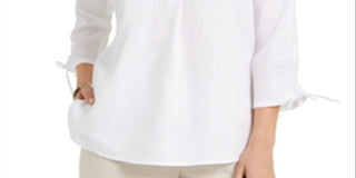 Charter Club Women's Woven Drawstring Tie-Cuff Top White Size Large