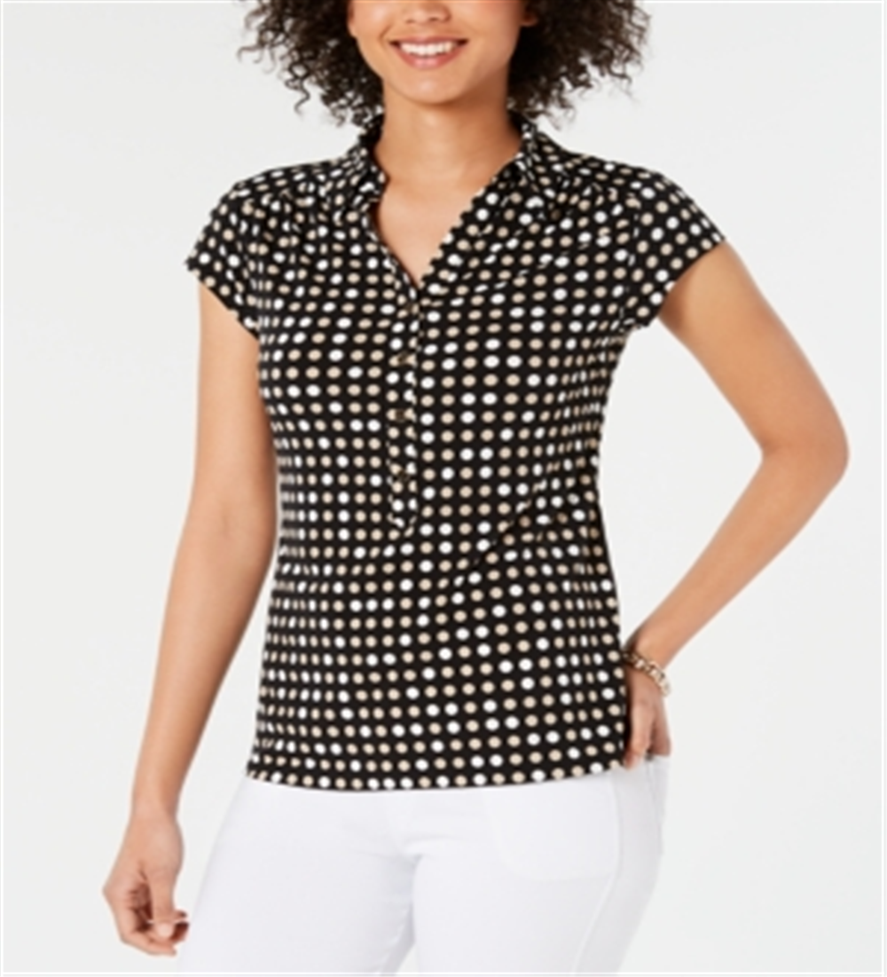 Charter Club Women's Dot-Print Polo Top Black Size Large