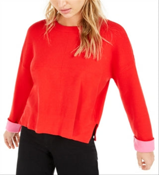 Bar III Women's Long Sleeve Crew Neck Sweater Red Size Large