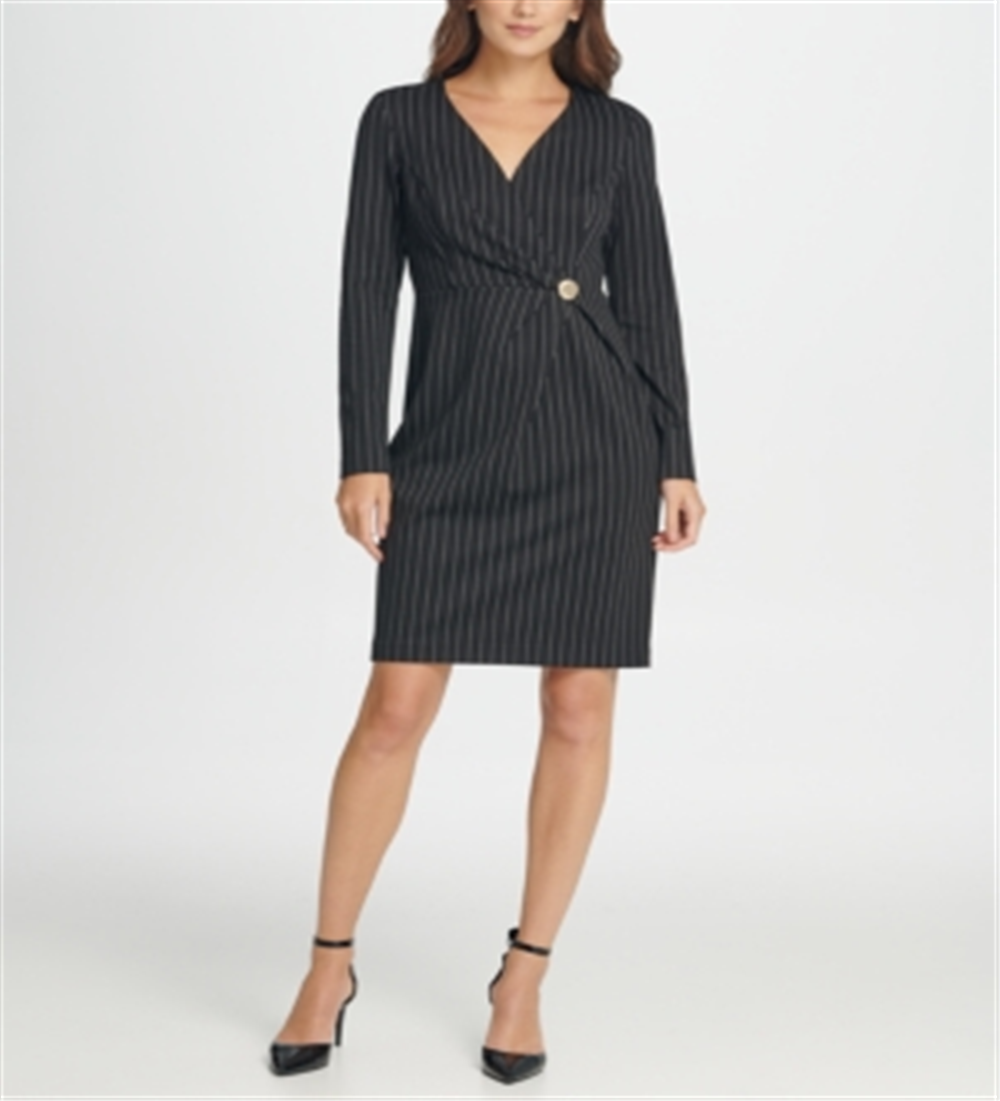 DKNY Women's Rhinestone Pinstripe Long Sleeve V Neck Above the Knee Wrap Dress Wear to Work Dress Gray Size 14