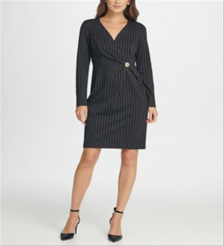 DKNY Women's Rhinestone Pinstripe Long Sleeve V Neck Above the Knee Wrap Dress Wear to Work Dress Gray Size 14