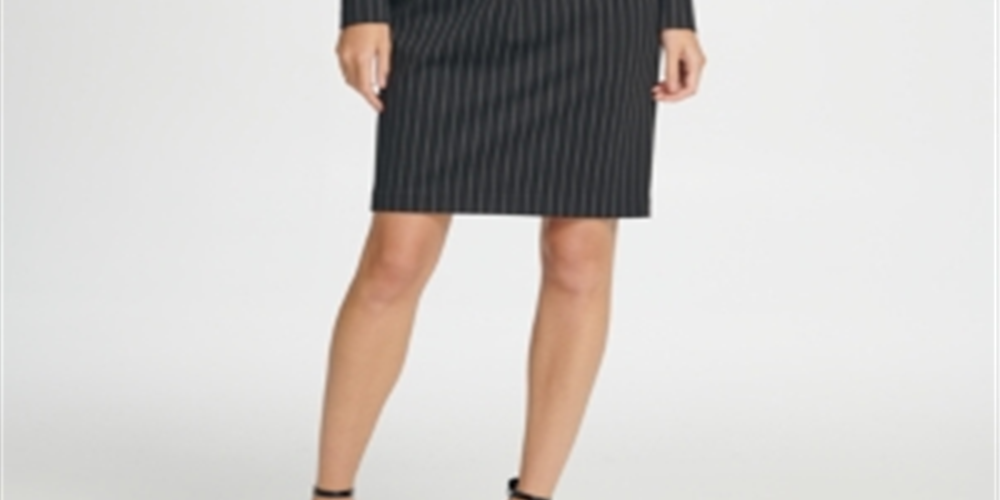 DKNY Women's Rhinestone Pinstripe Long Sleeve V Neck Above the Knee Wrap Dress Wear to Work Dress Gray Size 14