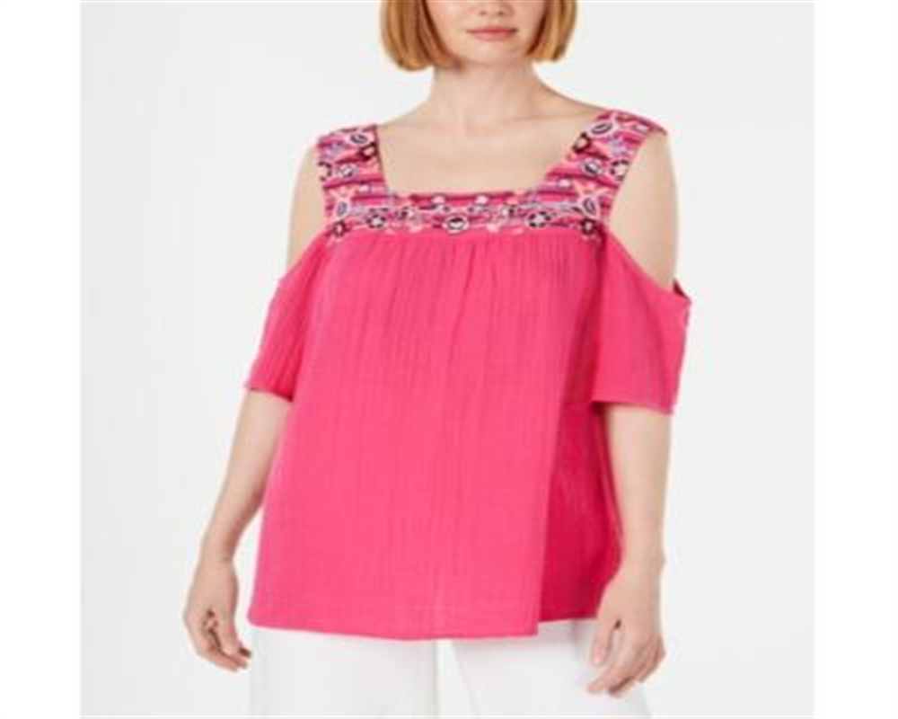 Style & Co Women's Knit Embroidered Cold Shoulder Top Pink Size Small