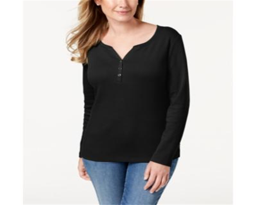 Karen Scott Women's Cotton Henley Top Black Size Small