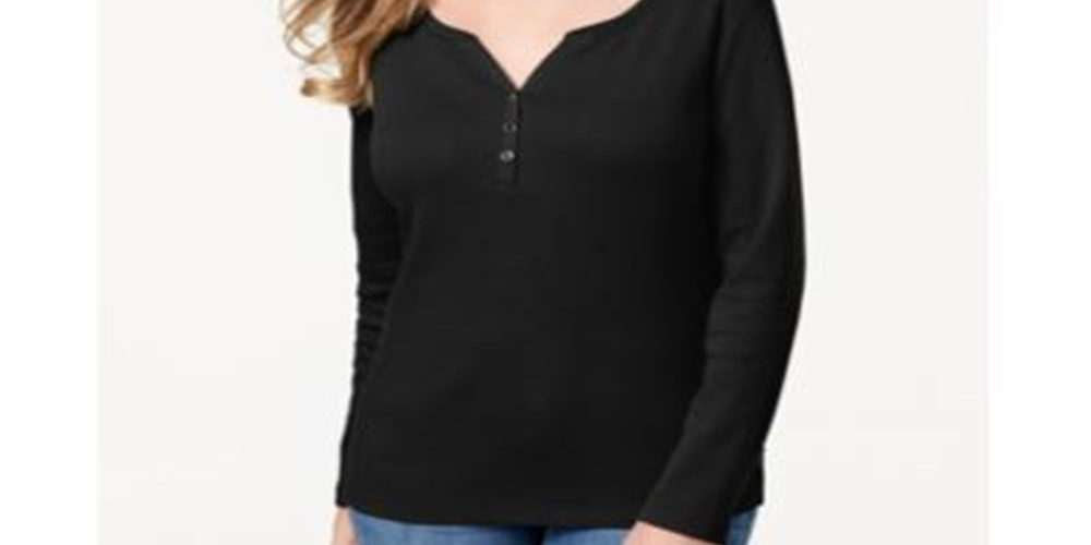 Karen Scott Women's Cotton Henley Top Black Size Small