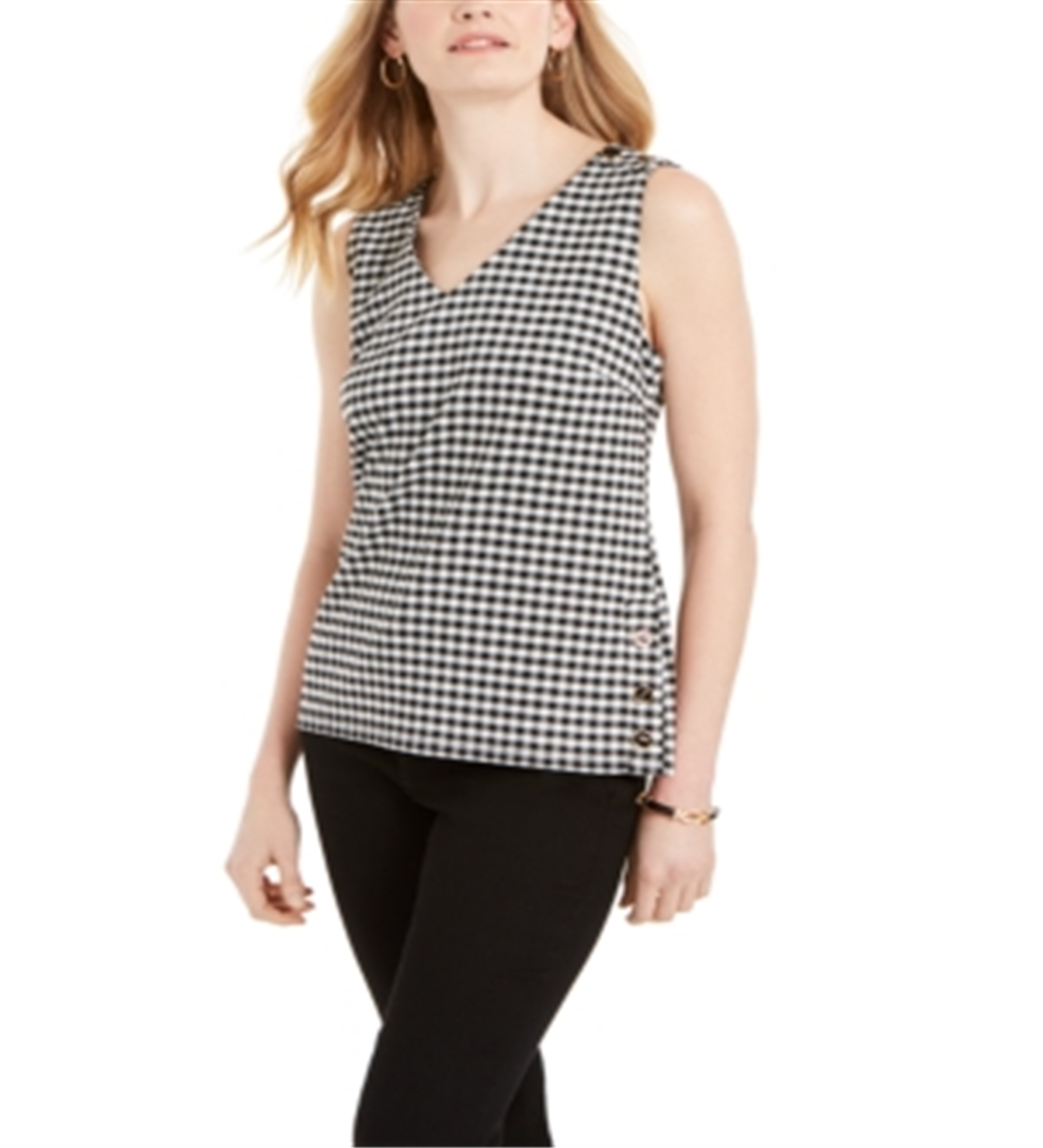 Charter Club Women's Gingham Print Button Top Black Size PXL