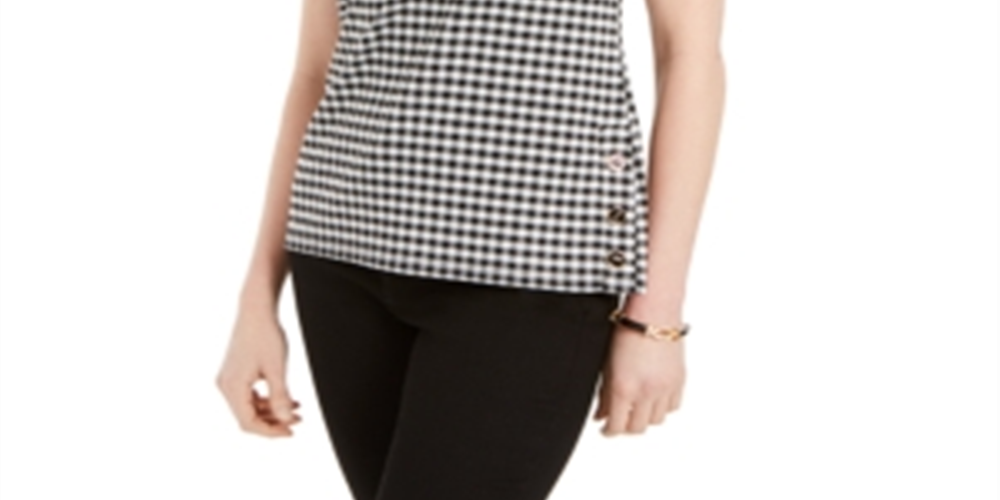Charter Club Women's Gingham Print Button Top Black Size PXL