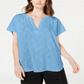 Alfani Women's Textured Short Sleeve V Neck Evening Top Blue Size Petite Small