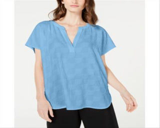 Alfani Women's Textured Short Sleeve V Neck Evening Top Blue Size Petite Small