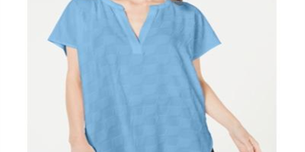 Alfani Women's Textured Short Sleeve V Neck Evening Top Blue Size Petite Small