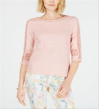 Charter Club Women's Crochet Sleeve Top Pink Size Petite L