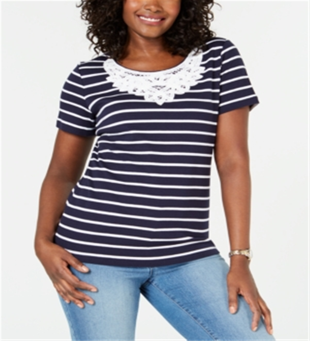 Karen Scott Women's Crochet Lace Striped Cotton Top Blue Size XL
