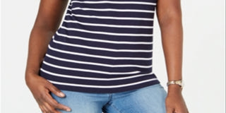 Karen Scott Women's Crochet Lace Striped Cotton Top Blue Size XL