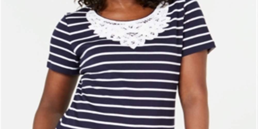 Karen Scott Women's Crochet Lace Striped Cotton Top Blue Size Medium