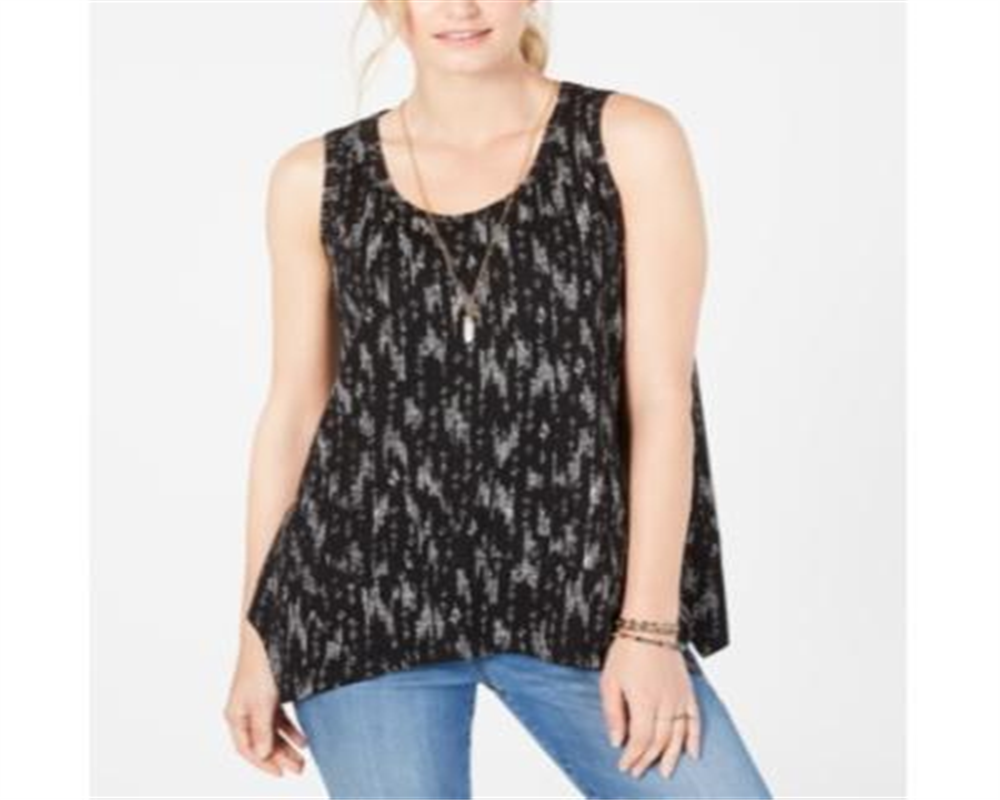Style & Co Women's Printed Scoop Neck Swing Top Black Size X-Small