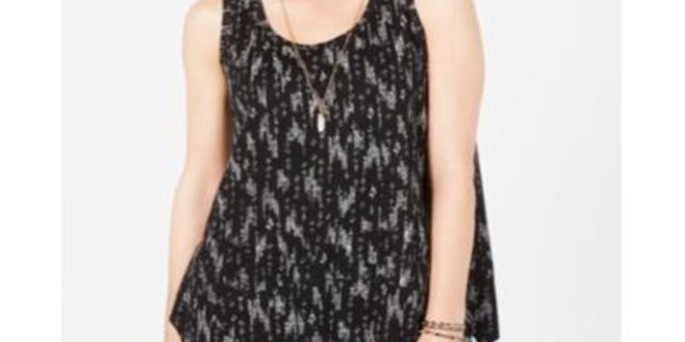 Style & Co Women's Printed Scoop Neck Swing Top Black Size X-Small
