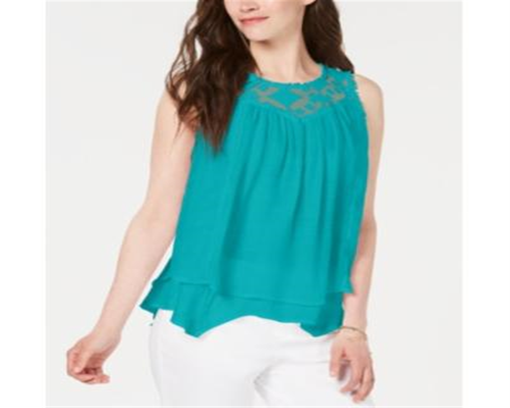Style & Co Women's Lace Trim Swing Top Green Size -S
