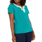 Karen Scott Women's Crochet Trim Split Neck Top Green Size X-Small