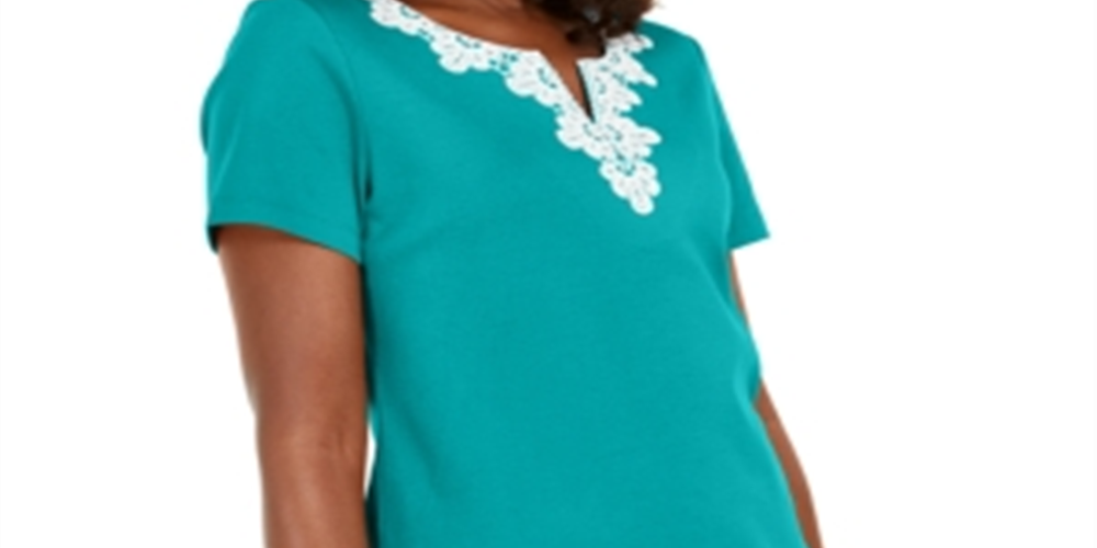 Karen Scott Women's Crochet Trim Split Neck Top Green Size X-Small