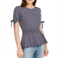 Maison Jules Women's Peplum Tie Sleeve Top Blue Size Large