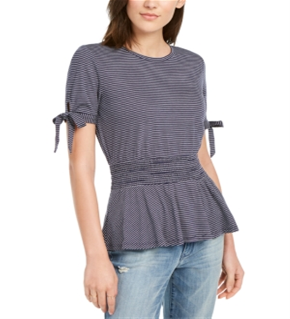 Maison Jules Women's Peplum Tie Sleeve Top Blue Size Large