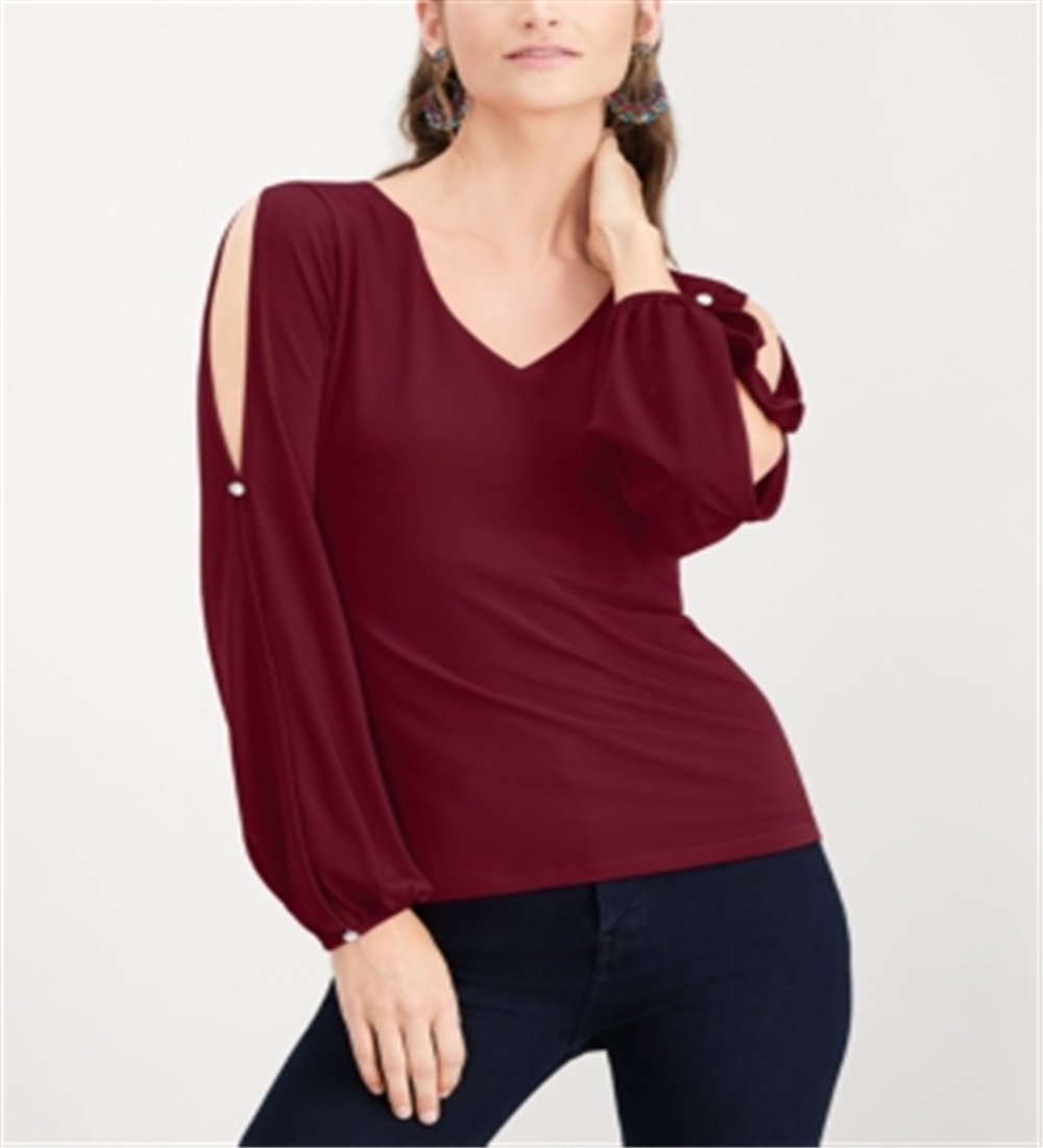 INC International Concepts Women's T-Shirt Merlot Long Sleeve V Neck  Red Size Small