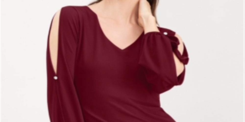 INC International Concepts Women's T-Shirt Merlot Long Sleeve V Neck  Red Size Small