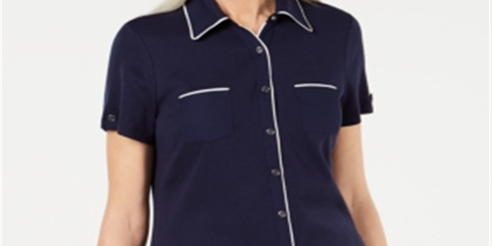 Karen Scott Women's Cotton Piping Button Top Blue Size Medium