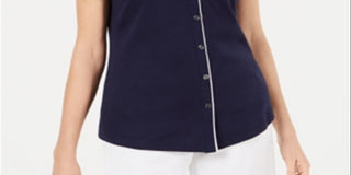 Karen Scott Women's Cotton Piping Button Top Blue Size Medium