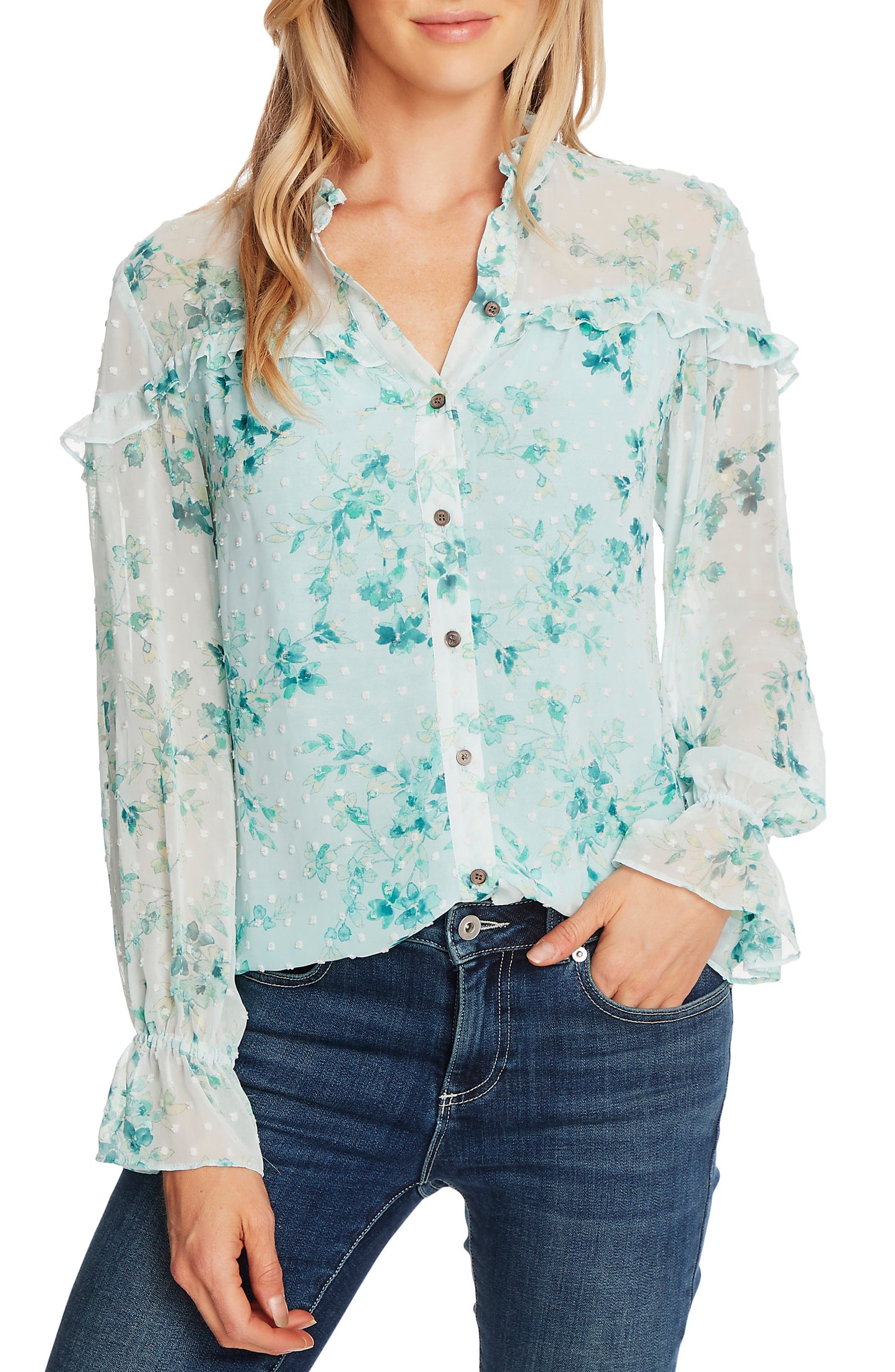 CeCe Women's Breezy Bouquet Clip Dot Long Sleeve Blouse Aqua Size Medium