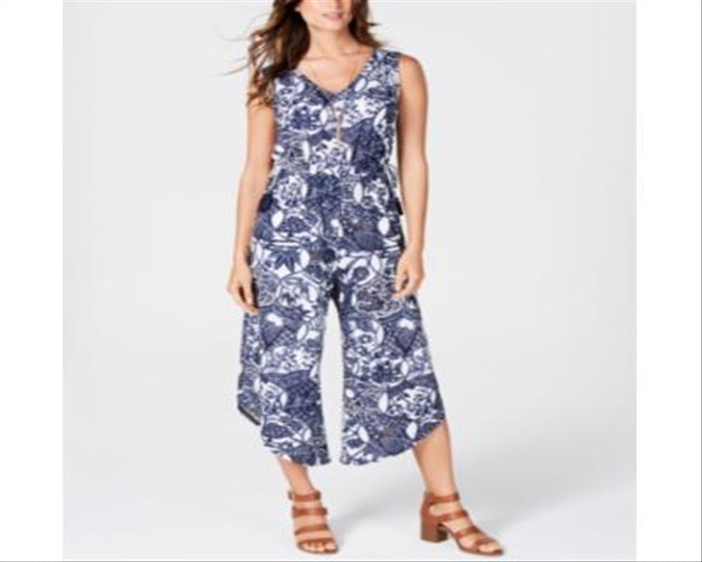 Style & CoWomen's Printed Drawstring Waist Jumpsuit Blue Size Small