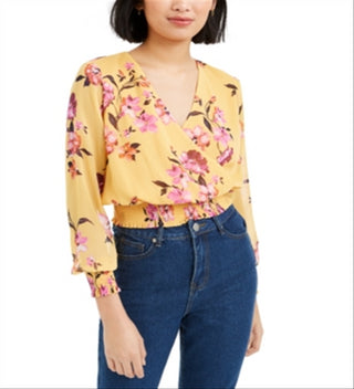 Bar III Women's Printed Smocked Blouse Yellow Size X-Large