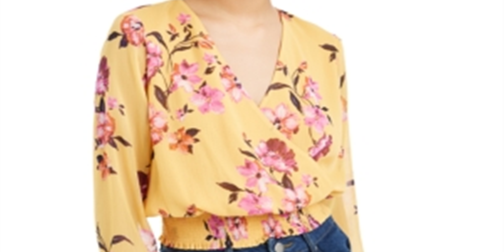 Bar III Women's Printed Smocked Blouse Yellow Size X-Large