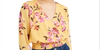 Bar III Women's Printed Smocked Blouse Yellow Size X-Large