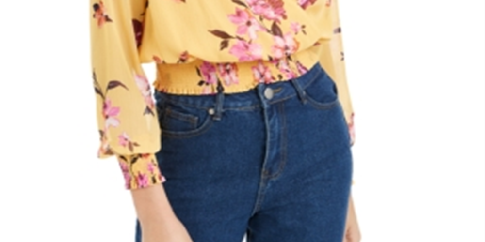 Bar III Women's Printed Smocked Blouse Yellow Size X-Large