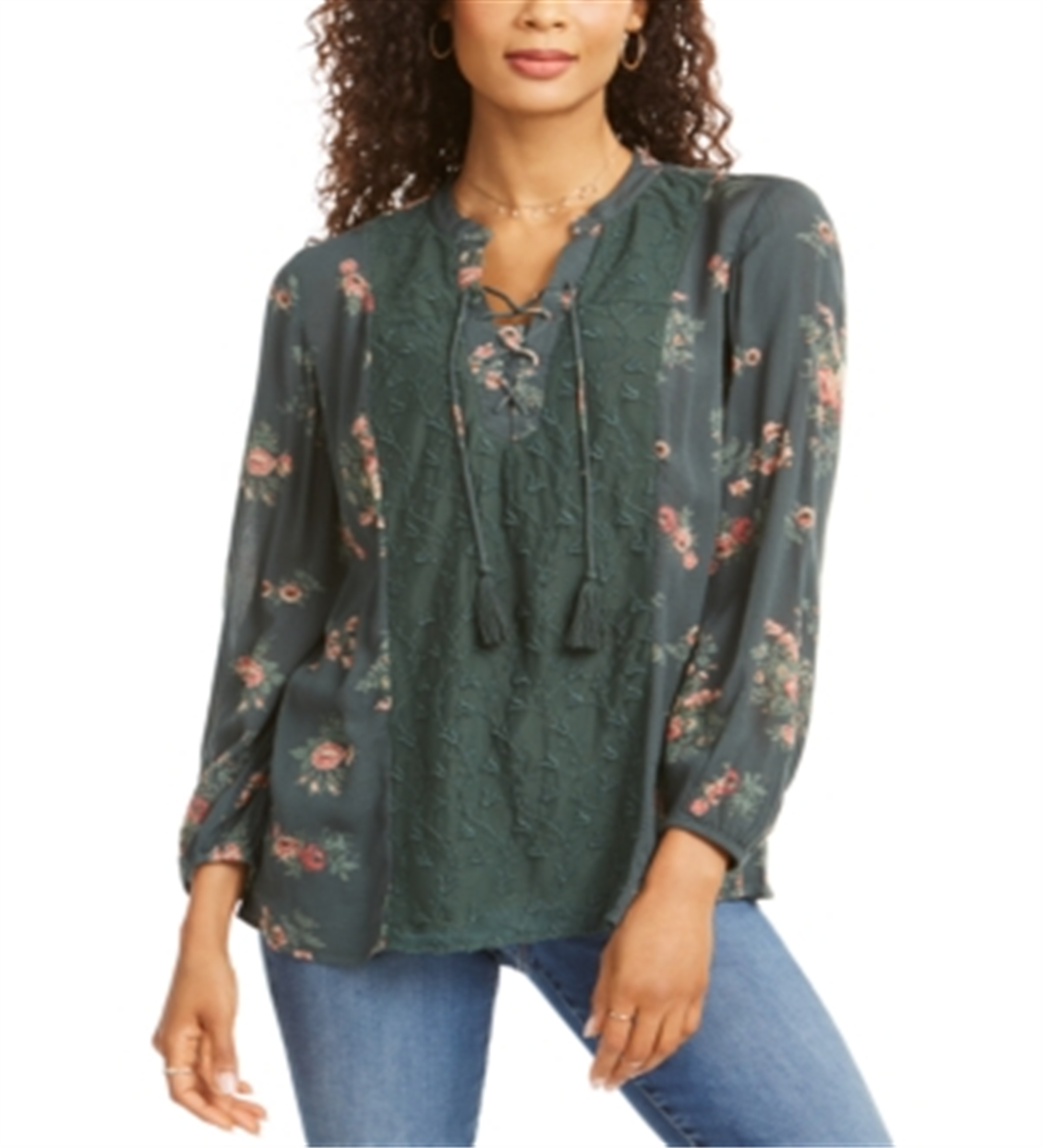 Style & CoWomen's Floral Lace up Top Green Size X-Large
