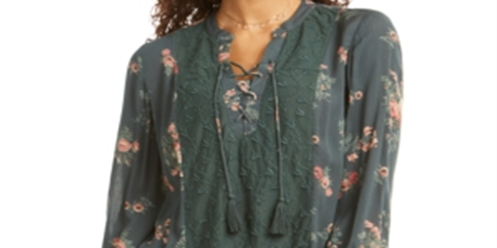 Style & CoWomen's Floral Lace up Top Green Size X-Large