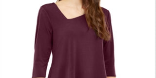 Alfani Women's Asymmetrical hem 3/4 Sleeve V Neck Top Red Size X-Large