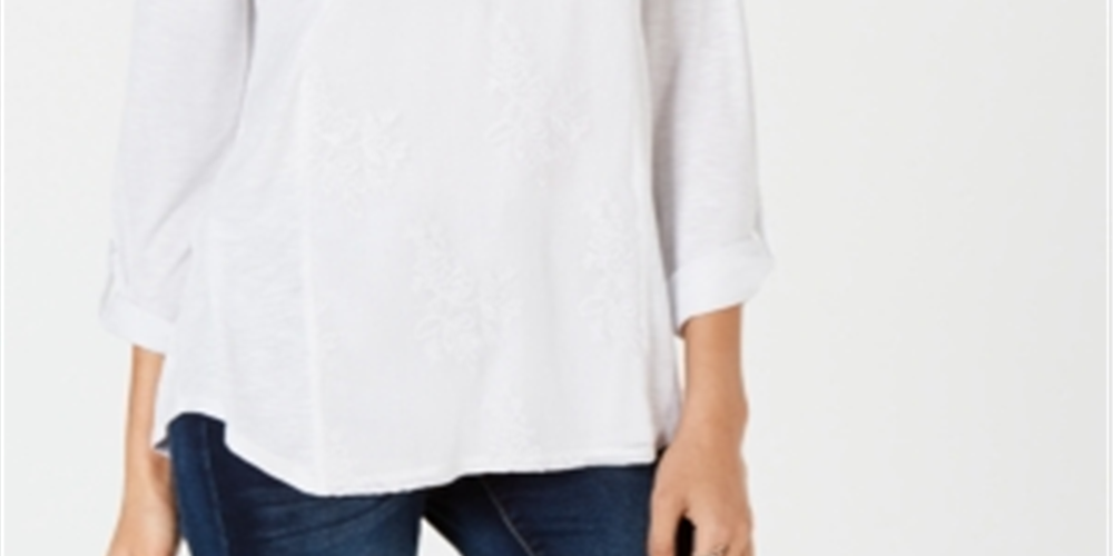 Style & CoWomen's Embroidered Contrast Top White Size Small