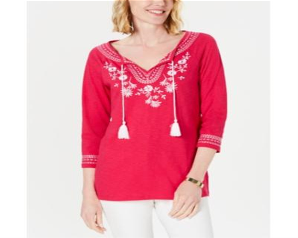 Charter Club Women's Cotton Embroidered Peasant Top Pink Size Petite SM