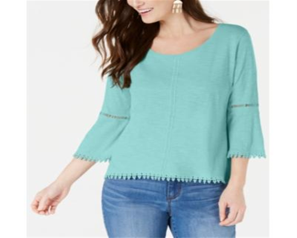Style & CoWomen's Crochet Trim Lantern Sleeve Pullover Top Light  Blue  Size Petite L