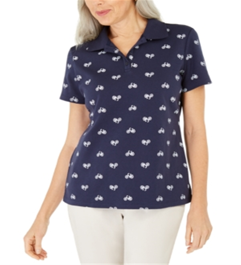 Karen Scott Women's Bike Print Polo Blue Size Medium