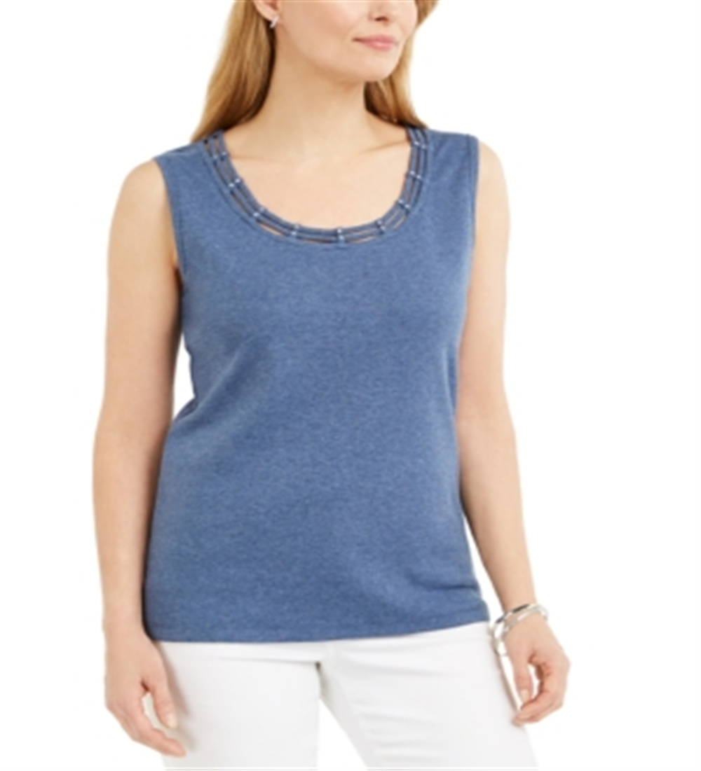 Karen Scott Women's Lattice Neck Tank Top Blue Size Small