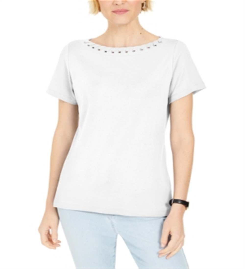 Karen Scott Women's Grommet Trim Top White Size X-Small