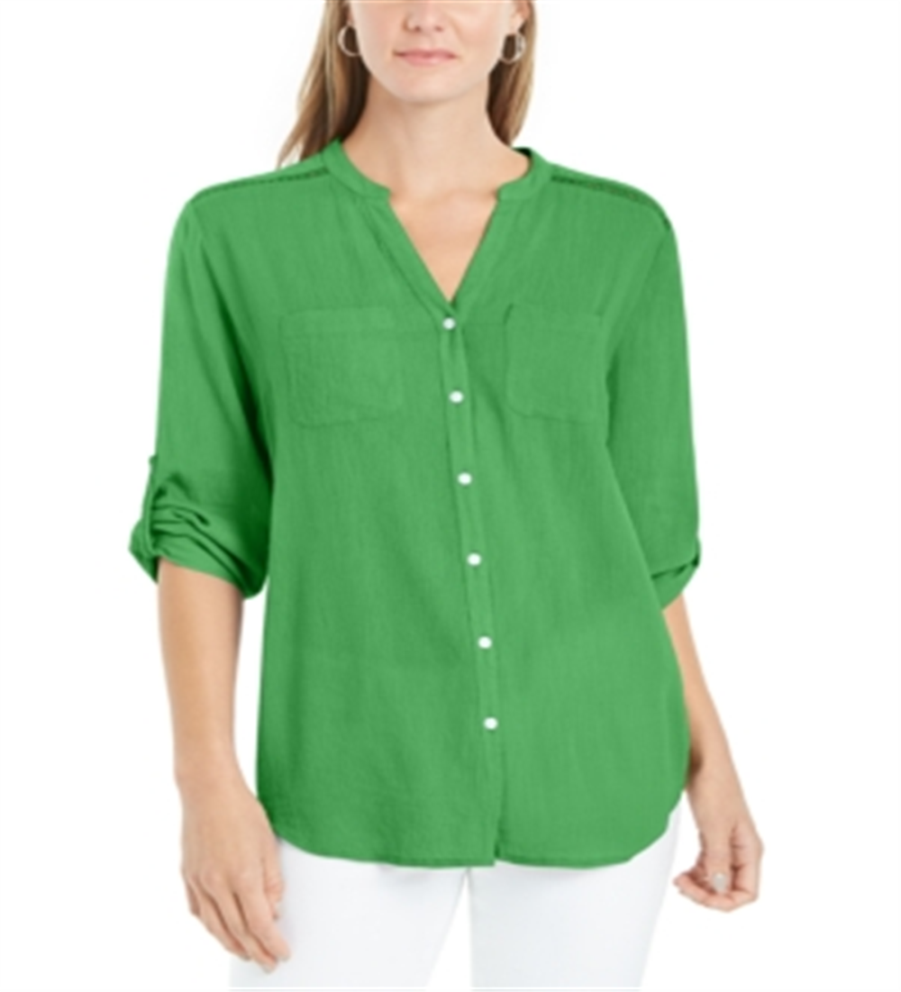 Charter Club Women's Roll Tab Button Down Top  Green Size X-Large