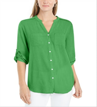 Charter Club Women's Roll Tab Button Down Top  Green Size X-Large