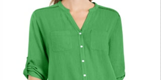 Charter Club Women's Roll Tab Button Down Top  Green Size X-Large